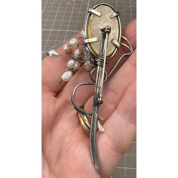Vintage Sterling Silver Modernistic Brooch Mother Of Pearl Freshwater Pearls - Picture 4 of 5